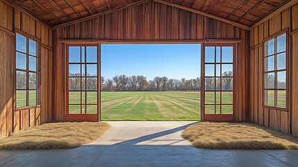 A wooden structure with large windows and an open doorway overlooking a green field with trees