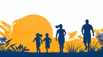 Family jogging tropical sunset silhouette, healthy lifestyle, website banner