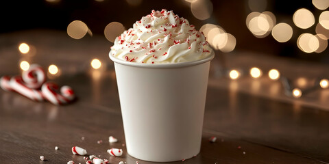 Festive peppermint hot chocolate in a white cup, garnished with whipped cream and crushed candy canes, against a bokeh background of warm lights.