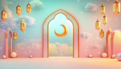 Festive Ramadan Background Golden Lanterns and Crescent Moon Archway