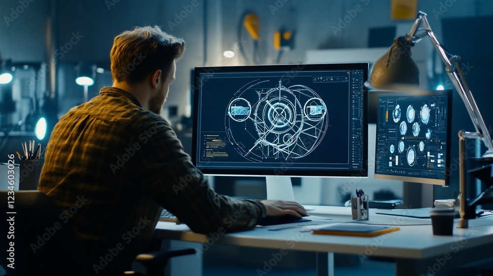 Aufkleber focused engineer designing futuristic technology on computer