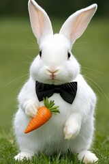 Cute White Rabbit Wearing Bow Tie Holding Carrot in Green Grass