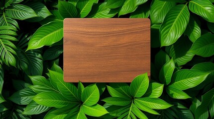 Wooden Sign Mockup Lush Tropical Leaves Background