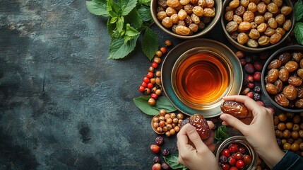 Overhead view of hands holding dates near bowls of dried fruit and tea.