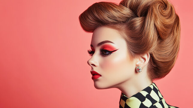 Stylish portrait featuring a woman with 1960s geometric makeup and classic beehive hairstyle