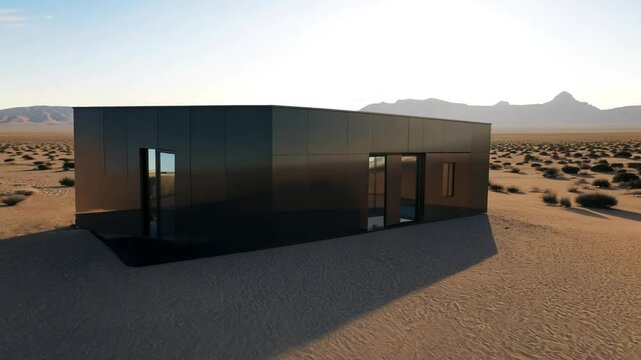 Side light video, the camera slowly pans across a modern prefabricated home with sleek lines, large modular sections, and a minimalist aesthetic in a desert setting
