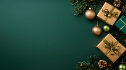 Festive Christmas gifts and ornaments on green background, copy space for holiday greetings, website banners, cards
