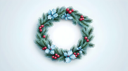 Festive Christmas wreath with berries and flowers on light background, ideal for holiday cards