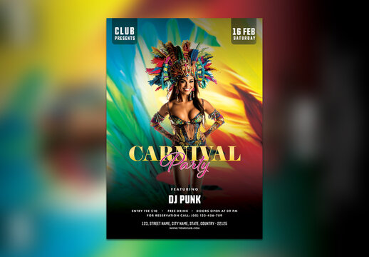 Editable Carnival Party Flyer or Poster Template, Design with Female Samba Dancer and Event Details for Advertising.