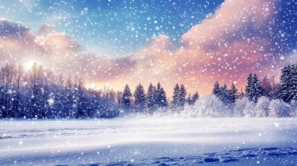 A wonderful winter scene with trees covered in snow and falling snowflakes, creating an enchanting and serene scene