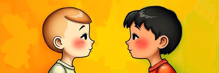 Dialogue between two cartoon boys  looking at each other on a bright colorful background