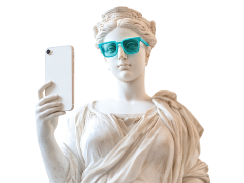 White antique statue with white phone  in hand, wearing turquoise glasses - Powered by Adobe