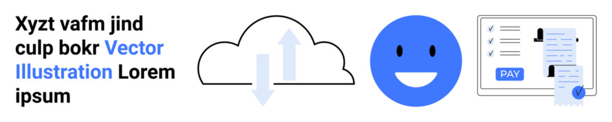 Cloud arrow transfer, smiling face for user satisfaction, receipt on device showing online payment. Ideal for tech, finance, e-commerce, user feedback, networking, system updates abstract line flat