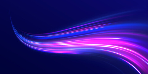 Horizontal speed lines connection vector background. Futuristic dynamic motion technology blue glowing lines air flow effect.  Racing cars dynamic flash effects city road with long exposure. 