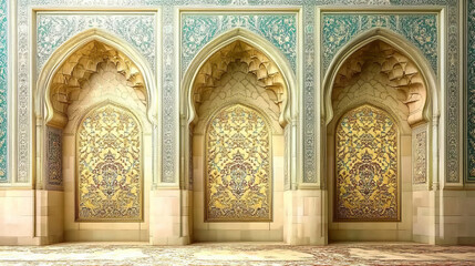 exploring exquisite islamic architecture: intricate stone carvings, moorish arches, and golden wall panels in mosque interiors with turquoise inlays and muqarnas artistry