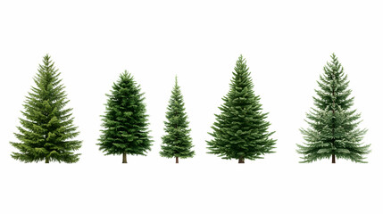 Five fir trees of varying heights, isolated on white background. Ideal for Christmas, nature, or environmental projects