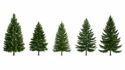 Five evergreen trees, growth stages, white background, nature design