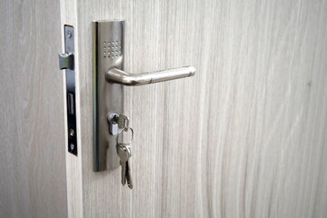 Minimalistic design of the door handle in metallic color on a gray background 