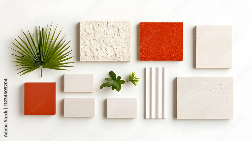 Poster flat lay of textured surface samples with plants; design inspiration; white background; website use