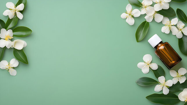 Flatlay of essential oil bottle with white blossoms on green background, ideal for spa or wellness marketing