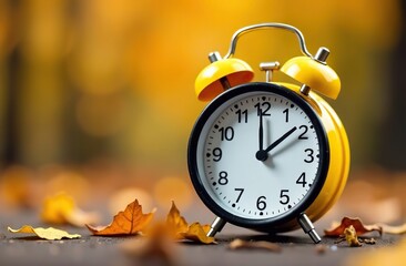 Alarm clock with a yellow cap on top, set against a blurred autumn background