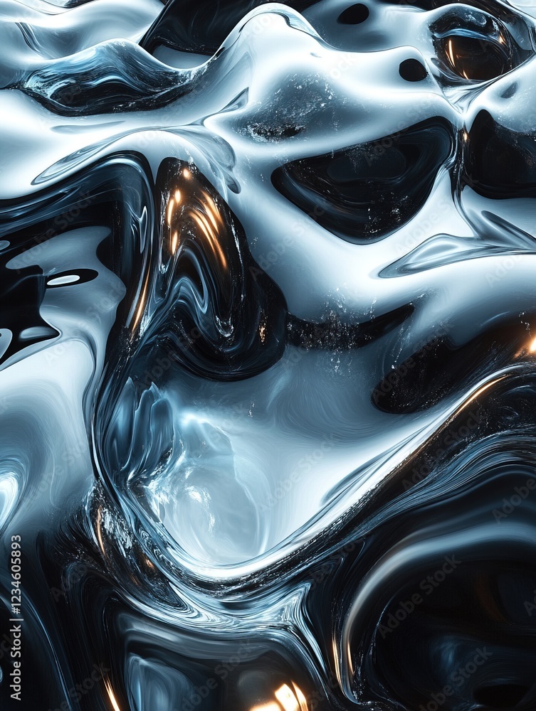 Poster abstract metallic fluid waves reflecting light; for tech background