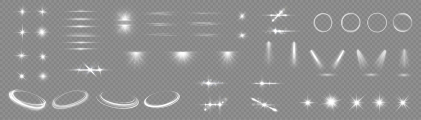 Light effect set. Isolated white transparent light effect set, lens flare, explosion, dust, line, sun flash, spark and stars, spotlight, curve twirl, png. Sunlight, abstract special effect. 