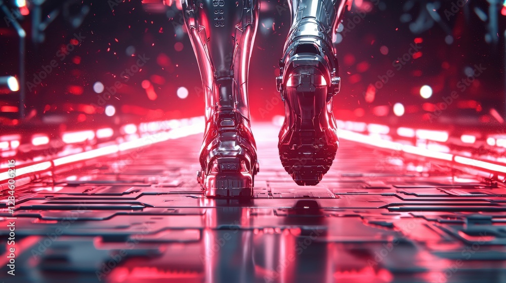 Aufkleber futuristic metallic robot legs walking on neon path with red light and technology elements in cyberp
