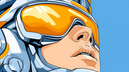 Futuristic skier gazing upwards, clear sky background; ideal for tech, sports, or winter adventure promotions