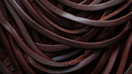 Close up view of a collection of brown leather pieces showcasing texture and grain detail