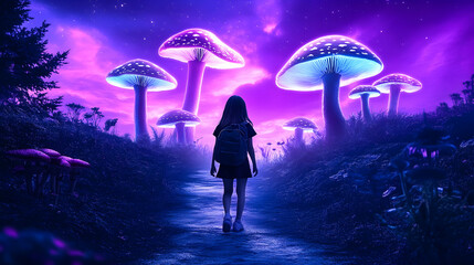 Girl walking path giant glowing mushrooms fantasy forest night; whimsical children's book illustration