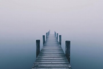 ethereal minimalist seascape at dawn, featuring weathered pier posts reflected in perfectly still water, monochromatic tones, misty atmosphere