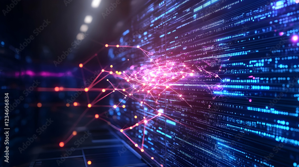 Poster global network data streams on digital screen, futuristic server room background, illustrating data 