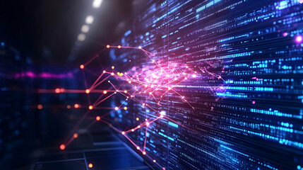 Fototapeta premium Global network data streams on digital screen, futuristic server room background, illustrating data processing and connectivity