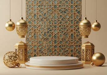 Elegant Gold Islamic Decor with Ornate Lanterns and Festive Ornaments