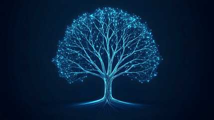 Glowing digital tree, network roots, dark background, data visualization, technology concept