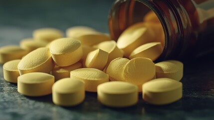 Close-up of Omega-3 supplements in vibrant yellow tones, scattered from a bottle onto a dark textured table.