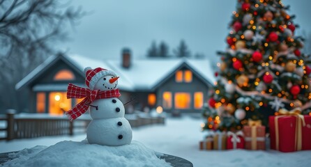 Obraz premium Snowman on a snowy adorned with a festive Christmas red scarf and hat stands in a snowy winter scene, 