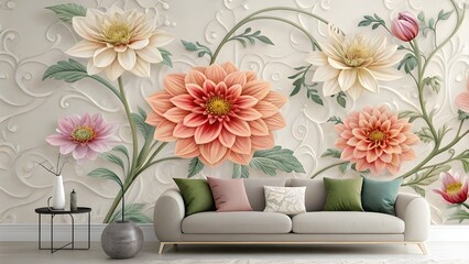 modern living room with sofa with flower background