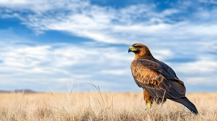 Obraz premium Golden eagle perched in steppe, clear blue sky, wildlife photography, nature background, perfect for wildlife documentaries