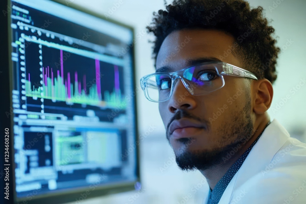 Poster scientist analyzing data on computer screen in lab setting