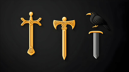 Golden swords, axe, and crow on dark background; medieval fantasy art for game design