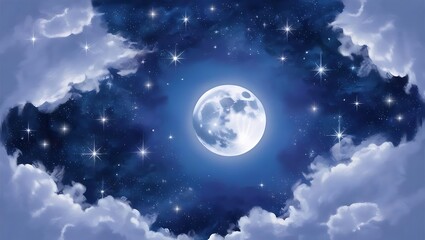 Night sky with glowing moon, twinkling stars, and soft clouds in celestial blue.