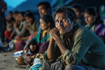 Obraz premium People sitting in exhaustion and hunger in a dimly lit setting at dusk