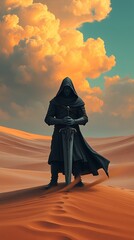 Mysterious figure with sword stands in desert sands.

