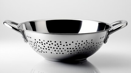 A silver bowl with holes in it sits on a white background