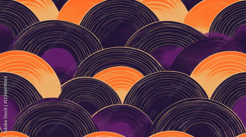 Poster abstract wave pattern design with circles in orange, purple and gold for design background