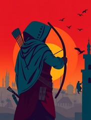 Archer silhouetted against a vibrant sunset backdrop.

