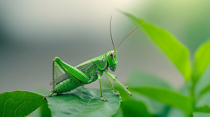 Fototapeta premium Green grasshopper on leaf, nature background, vibrant green, macro photography, perfect for nature documentaries