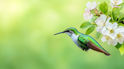 Fototapeta premium Green hummingbird hovering near blooming apple tree branch, spring nature background; ideal for greeting cards
